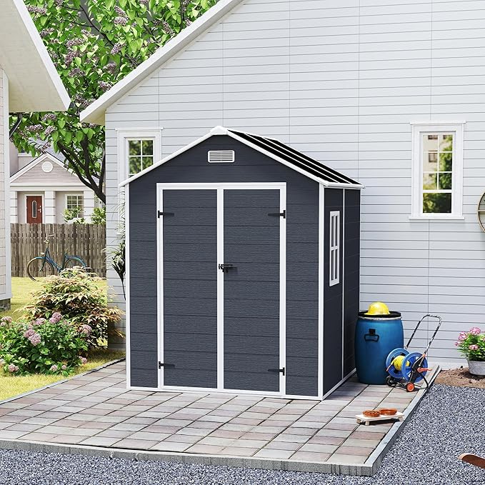 MyVoice 6x6 FT Outdoor Resin Storage Shed with HD Window, Rustproof Waterproof Garden Tool Shed, 12mm Thickened PP Panels, Large Capacity Outdoor Utility House for Backyard Patio (with Floor)