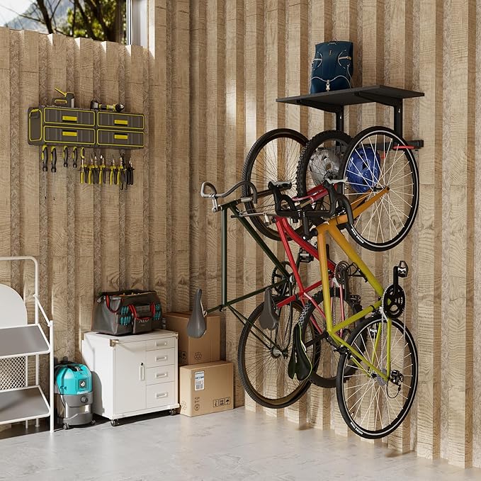Mount-It! WheelsUp Bike Wall Mount with Shelf | Garage Storage Rack for 3 Bikes & Accessories | Adjustable Padded Hooks, 110 lb Shelf Capacity | Ideal Bike Rack Garage Wall Mount for Organized Spaces