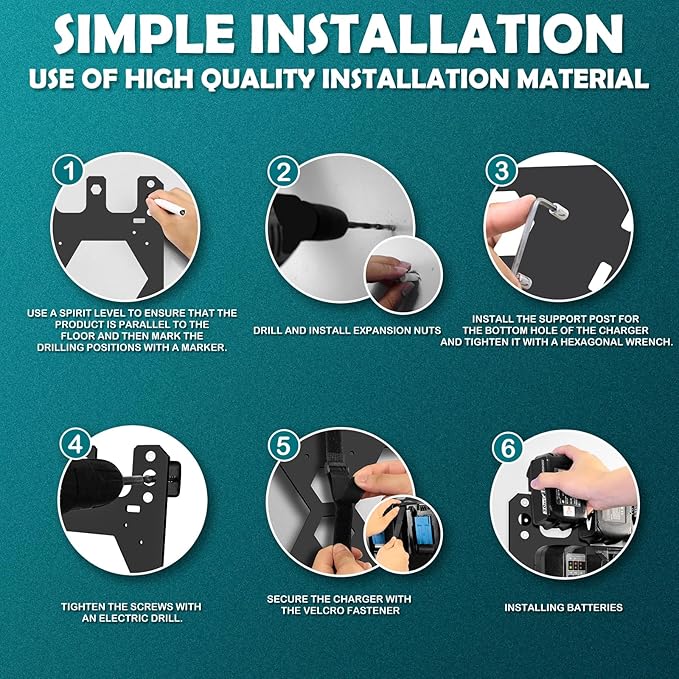 Charger Mount for Makita DC18RC, DC18RD Charger, Wall Mount for Makita 4X 14.4V/18V Batteries and 2 Drilling Screwdrivers, Heavy-Duty Garage Workshop Organization