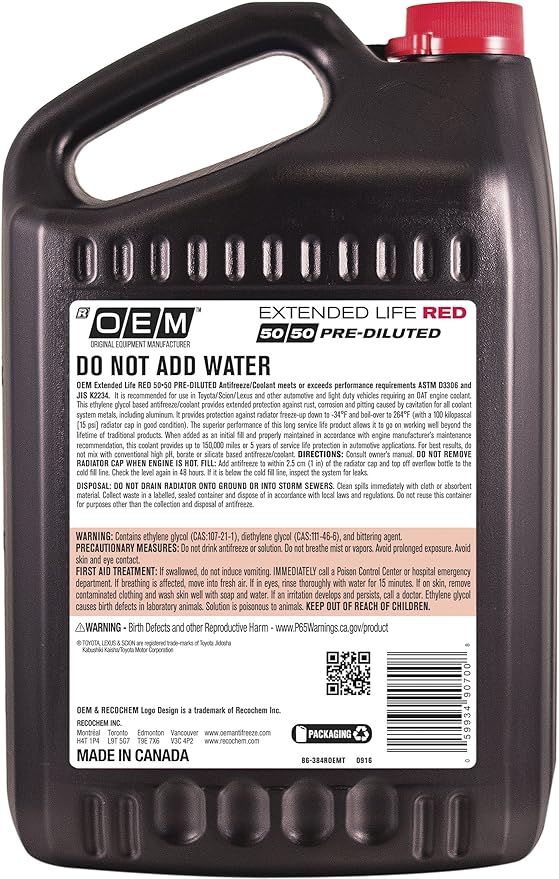 OEM Recochem Asian Vehicles Premium Antifreeze 50/50 Extended Life Coolant RED, 1 Gallon, 1 Pack