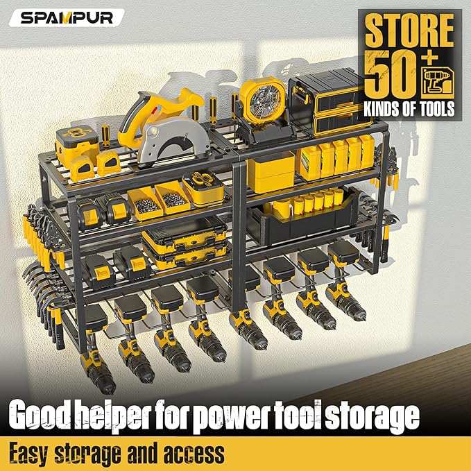 Power Tool Organizer, 15 Min Quick Assembly & Max 420lbs load by Heavy Duty Metal, 4 shelves 8 Slots for Cordless Drill in Garage/Workshop/Pegboard/Shed Suitable for Father's Day