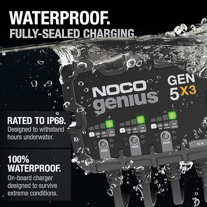 NOCO Genius GEN5X3: 3-Bank, 15A Onboard Battery Charger - 5A Per Bank, 12V Waterproof Marine Charger with Overcharge Protection & Temperature Compensation – for Lead-Acid & Lithium Batteries