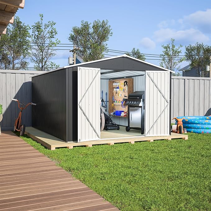 Outdoor Storage Shed 10x12 FT, Utility Metal Tool Storage with Lockable Doors and Updated Frame Structure, Large Metal Garden Shed for Backyard, Patio Lawn, Black