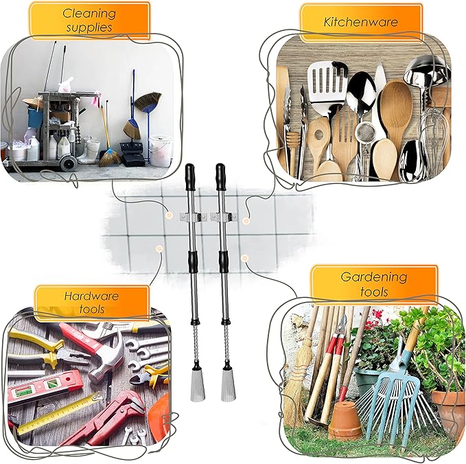 Self Adhesive Broom and Mop Holder Wall Mounted – SUS304 Stainless Steel 2-Slot Organizer with Anti-Slip Rubber Grips, 25lb Load, Adjustable for 0.6–1.4" Handles, Garage Kitchen Bathroom Use, 3 Pack