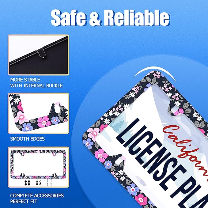 Watercolor Purple and Pink Hibiscus Flowers License Plate Frame License Plate Stainless Steel Parts Colorful License Plate Decorative with Screws Size 12.3" x 6.3" Men Women