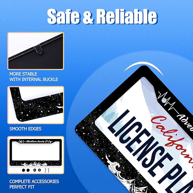 Advebture Awaits License Plate Frame Mountain Waves Forest License Plate Stainless Steel Rust-Proof Metal Funny License Plate Holder Car Accessory With Screws Car Decoration 12.3" x 6.3" For Men Women