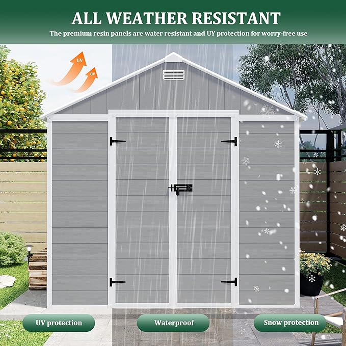 8x10 FT Outdoor Storage Resin Shed with Floor,Waterproof Plastic Garden Bike Shed with Lockable Door, Sloped Roof, Vents & Windows, Easy Assembly Tool Shed for Lawn, Backyard, Patio, Grey