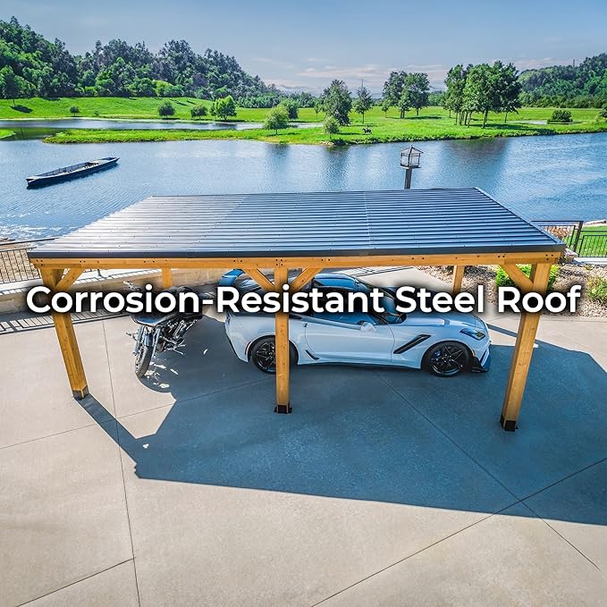 Backyard Discovery Kingsport 20' x 12' Cedar Wood Outdoor Carport Garage with Heavy-Duty Galvanized Steel Slope Roof, Snow Support, Wind Resistance, PowerPort, Shelter to Protect Cars, Boats, Trucks