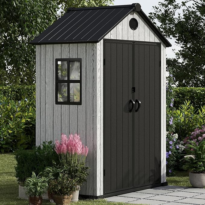 5.3x3.4 FT Resin Outdoor Storage Shed, 135 Cuft Garden Tool Sheds & Outdoor Storage Plastic Shed with Floor, 7FT Tall Outside Lawn Mower Storage Shed with Side Window, Cemented Grey Black