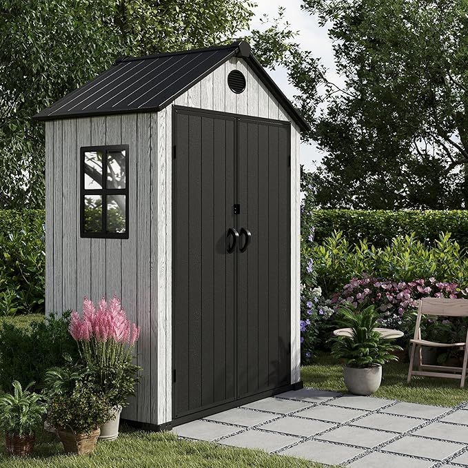 5.3x3.4 FT Resin Outdoor Storage Shed, 135 Cuft Garden Tool Sheds & Outdoor Storage Plastic Shed with Floor, 7FT Tall Outside Lawn Mower Storage Shed with Side Window, Cemented Grey Black