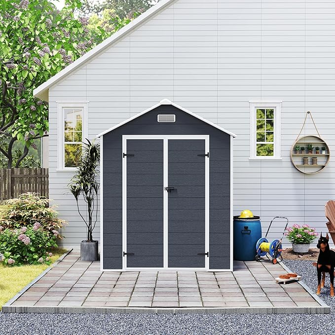 6x6 FT Outdoor Storage Resin Shed with Floor,Waterproof Plastic Garden Bike Shed with Lockable Door, Sloped Roof, Vents & Windows, Easy Assembly Tool Shed for Lawn, Backyard, Patio, Black