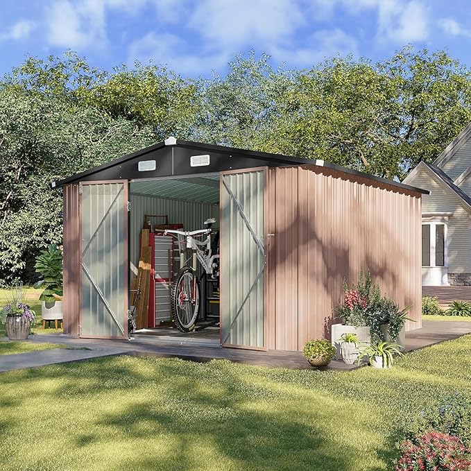 Aoxun 10x10 FT Shed Outdoor Storage Shed with Base, Large Shed Steel Utility Tool Shed Storage House with Door & Lock, Metal Sheds with Sloped Roof for Garden Patio Lawn Poolside, Brown