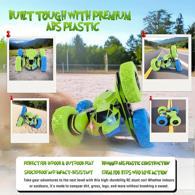 All-Round Drive Stunt RC Car - 360° Spins, High-Speed Off-Road with LED Headlights, 2 Rechargeable Batteries, AAA Remote Batteries, All-Terrain for Kids 6+ & Adults (Green & Blue)