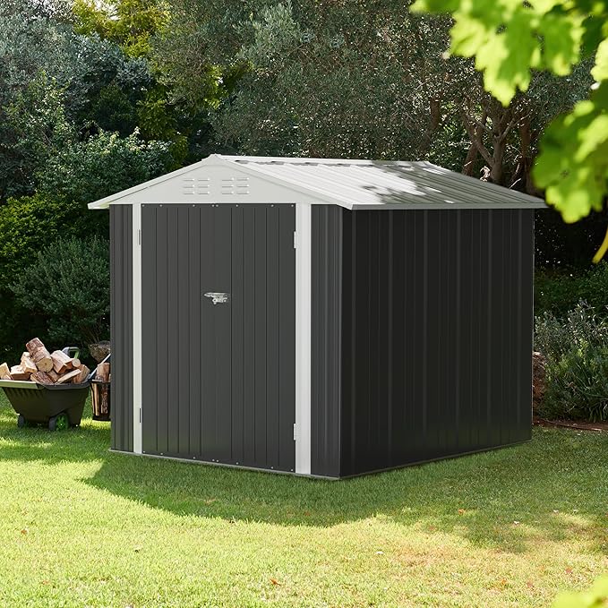 JUMMICO Metal Outdoor Storage Shed 6 x 8 FT Metal Shed with Lockable Door,Waterproof Garden Tool Shed Storage House for Backyard Patio Lawn,Grey