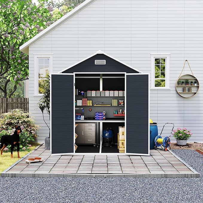 MyVoice 6x6 FT Outdoor Resin Storage Shed with HD Window, Rustproof Waterproof Garden Tool Shed, 12mm Thickened PP Panels, Large Capacity Outdoor Utility House for Backyard Patio (with Floor)
