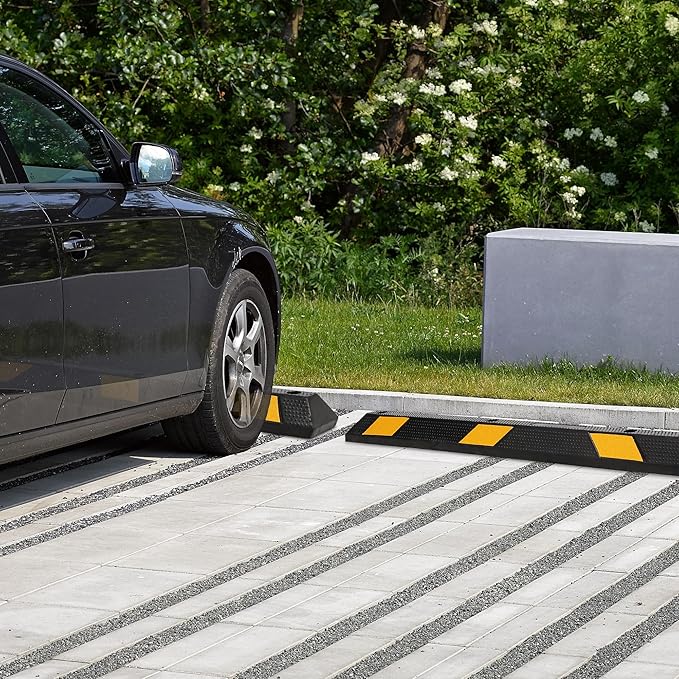 Pack of 2-72" Parking Stoppers for Garage, Heavy Duty Rubber Parking Curb with Reflective Stripe, Garage Floor Wheel Stopper for Car Vehicles Truck, Installation Kit Included