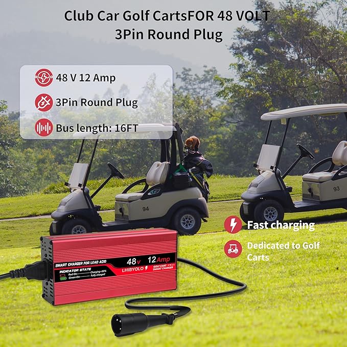 48V Golf Cart Battery Charger for 12A Club Car,with 3 Pin Round Plug, 12 Amp Golf Cart Battery Charger 48 Volt Club Car Charger,16FT