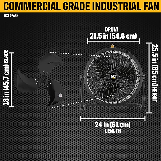CATERPILLAR 18 inch High Velocity, 3400 CFM, 4 Speed, 360 Degree Metal Heavy Duty Pivioting Drum Air Circulator Fan, Yellow. For Home, Garage, Workshop, & Commerical Use. cETL Certified.