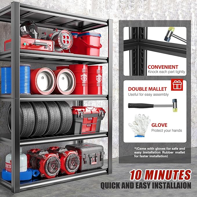 Raybee 5-Tier Industrial Heavy Duty Storage Shelving, 32" W x 16.5" D x 63" H, Black Metal Garage Shelving, 2000LBS Capacity