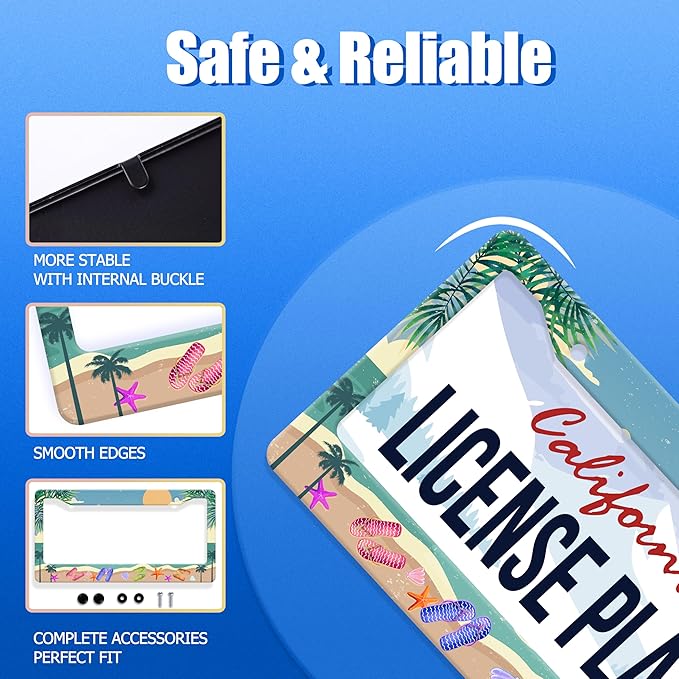 Summer Beach License Plate Frame Flip Flops License Plate Stainless Steel Funny License Plate Holder Personalized Beach Car Accessory Decoration 12.3" x 6.3"for Men Women