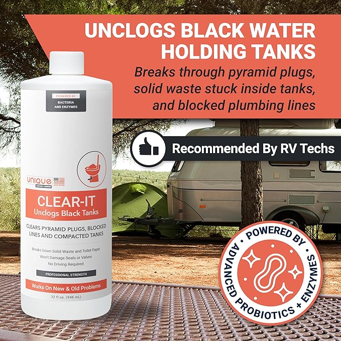 Unique Clear-It RV Black Tank Unclogger Liquid - Breaks Through Pyramid Plugs, Compacted Tanks, and Clogged Pipes (32 oz)