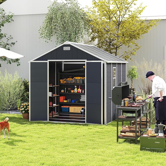 MyVoice 8x8 FT Outdoor Resin Storage Shed with HD Window, Rustproof Waterproof Garden Tool Shed, 12mm Thickened PP Panels, Large Capacity Outdoor Utility House for Backyard Patio (with Floor)