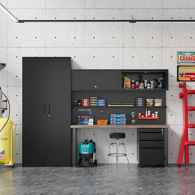 Metal Storage Cabinet Black Wall Cabinets with Locking Door - Wall Mounted Storage Cabinet for Garage Warehouse Home Office - Assembly Required