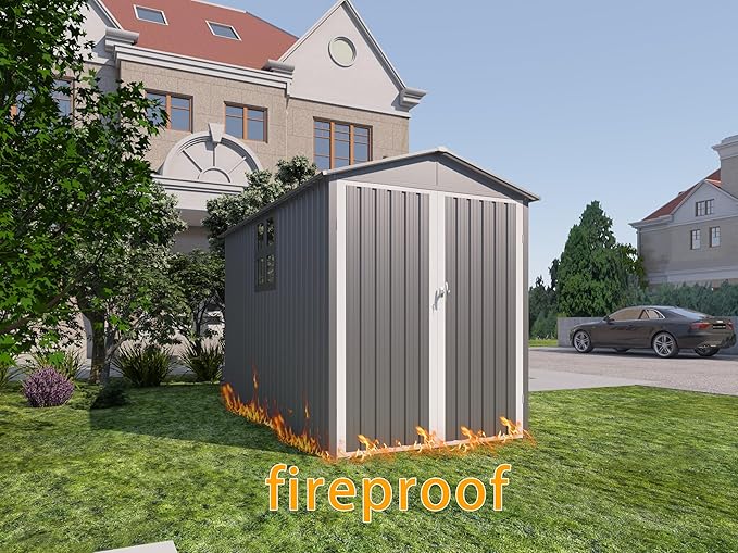 Motorcycle Steel Storage Shed with Window,Outdoor Weather-Resistant Storage Box for Bikes, Tools, Sports Equipment,Easy Assembly, No Tracks or Fixtures Needed, 121" W Gray+White