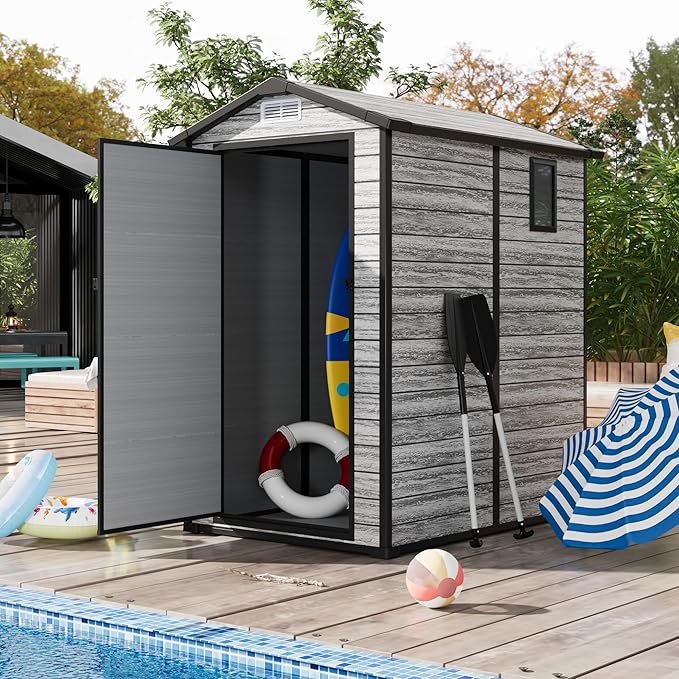 Weather-Resistant Resin Shed with Window, Outdoor Storage Shed Resin Garden Sheds PVC, Backyard Plastic Garden Shed with Lockable Door and Vents