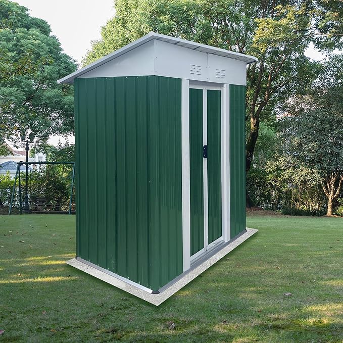 5x3 FT Outdoor Storage Shed with Sloping Roof, Waterproof Metal Garden Sheds w/Lockable Sliding Doors and Vents, Weather Resistant Tool Storage House for Backyard, Patio, Lawn, Green
