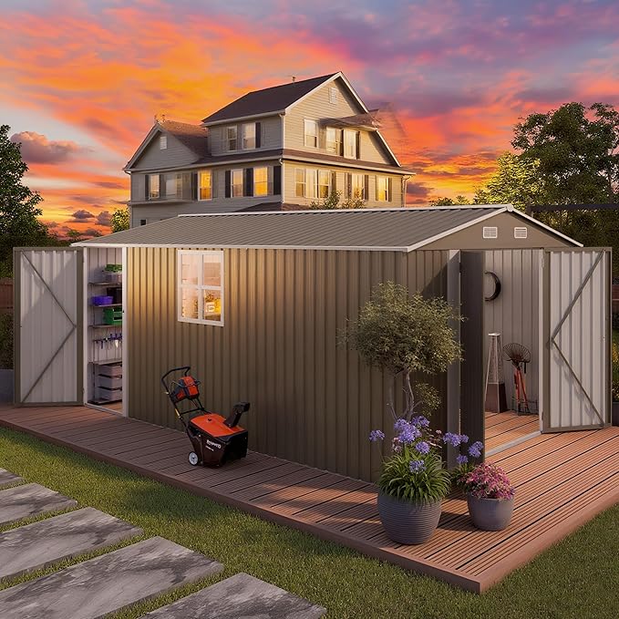 10 x 14 FT Outdoor Storage Shed, Metal Garden Tool Shed with Slooping Roof, Lockable Doors, All-Weather Bike Shed Easy to Assemble for Backyard, Patio, Lawn, White+Black