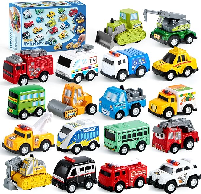 JOYIN 18 Pcs Pull Back City Cars and Trucks Toy Vehicles Set, Friction Powered Cars Toys for Toddlers, Boys, Girls’ Educational Play, Kids Stocking Stuffers, Treasure Box Gifts for Classroom