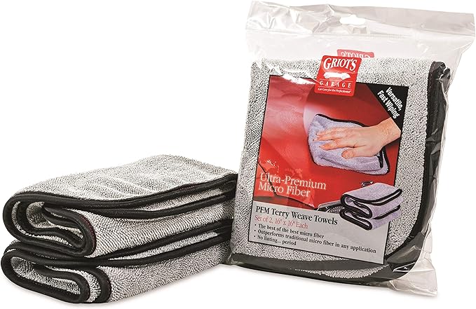 Griot's Garage PFM Terry Weave Microfiber Towel for Car Cleaning, Drying and Polishing, Vehicle Detailing, Scratch-Free, 16” x 16”, Set of 2, 55586