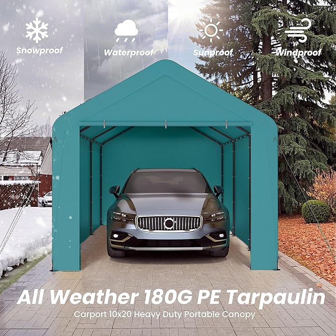 Carport 10x20 Heavy Duty Portable Garage w/Removable Sidewalls & Roll-Up Door Car Canopy Party Tents Waterproof UV Resistant All Weather Car Port for Trucks,Boats(Green)