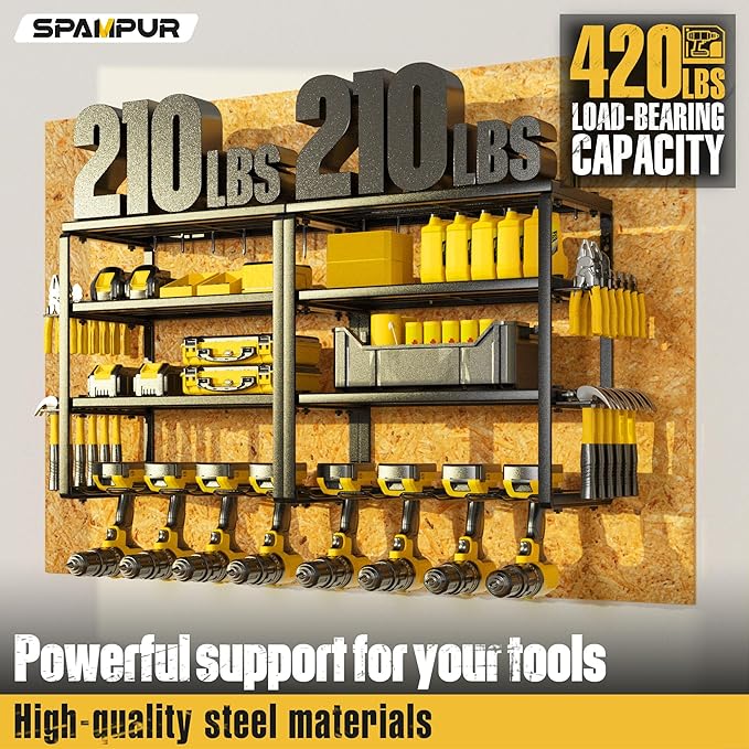 Power Tool Organizer, 15 Min Quick Assembly & Max 420lbs load by Heavy Duty Metal, 4 shelves 8 Slots for Cordless Drill in Garage/Workshop/Pegboard/Shed Suitable for Father's Day