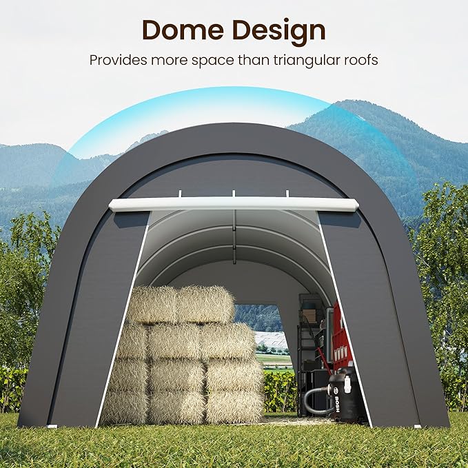 Kiss the Water Carport, Round Portable Garage, Steel Heavy Duty Carport with Ground Stakes, Tensioner and 2 Roll Up Windows PE Fabric Car Port, Garage, Storage Shed, Tent for Storage, SUV (12x25 Ft)