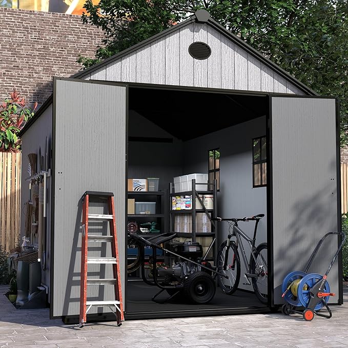 7.3x11.2 FT Resin Outdoor Storage Shed Large, 566 Cuft Garden Tool Sheds & Outdoor Storage Plastic Shed with Floor, 8FT Tall Backyard Lawn Mower Storage Shed with Side Window, Cemented Grey