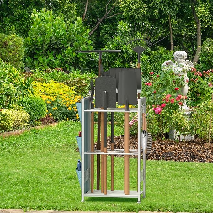 YBING Garden Tool Organizer, Yard Tool Stand with Side Storage Pockets, Yard Tower Rack for Garage Storage, Freestanding Tools Organizers and Storage for Shed, White