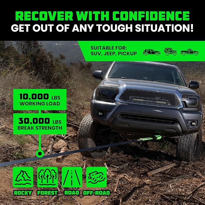 Rhino USA Recovery Tow Strap (3" x 30') - 31,518lb Break Strength - Emergency Recovery Strap Tow Rope for Truck, UTV, ATV & More - Heavy Duty Towing Strap for Offroad 4x4 Use - Compatible with Jeep