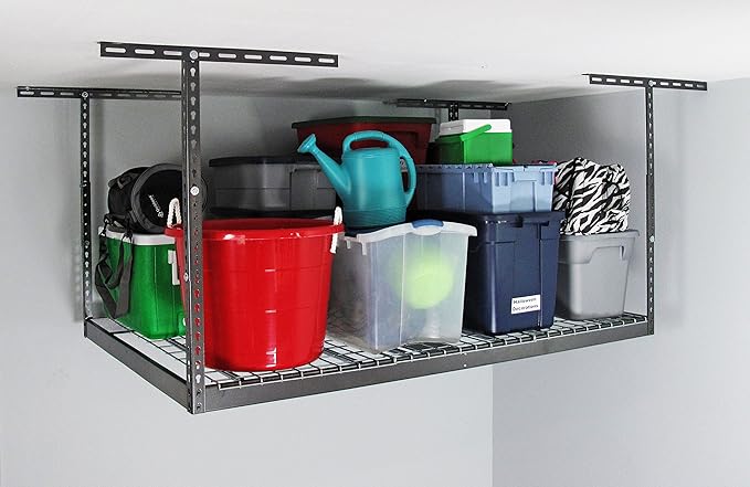 MonsterRax Overhead Garage Storage Racks 4x6, Ceiling Mounted Shelving, Adjustable Hanging Storage Organizer, Heavy Duty Steel, Holds 500 Pounds, Color: Hammertone, Adjusts 18"-33” off Ceiling