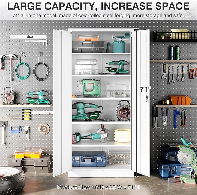 White Metal Storage Cabinet with 5 Adjustable Shelves,71" Tall Metal Cabinet with Locking Doors,Steel Cabinet with Lock,Lockable Storage Cabinets for Home,Office,Kitchen,Laundry,Pantry
