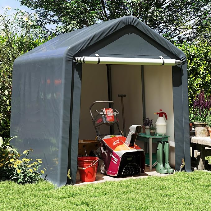 Tangkula 8x6.5Ft Portable Shed, Outdoor Storage Shelter with Waterproof Cover & Roll-up Zipper Door, Ratchet Strap, Heavy Duty Portable Storage Tents for Outside, Bikes, Garden Tools, Motorcycles