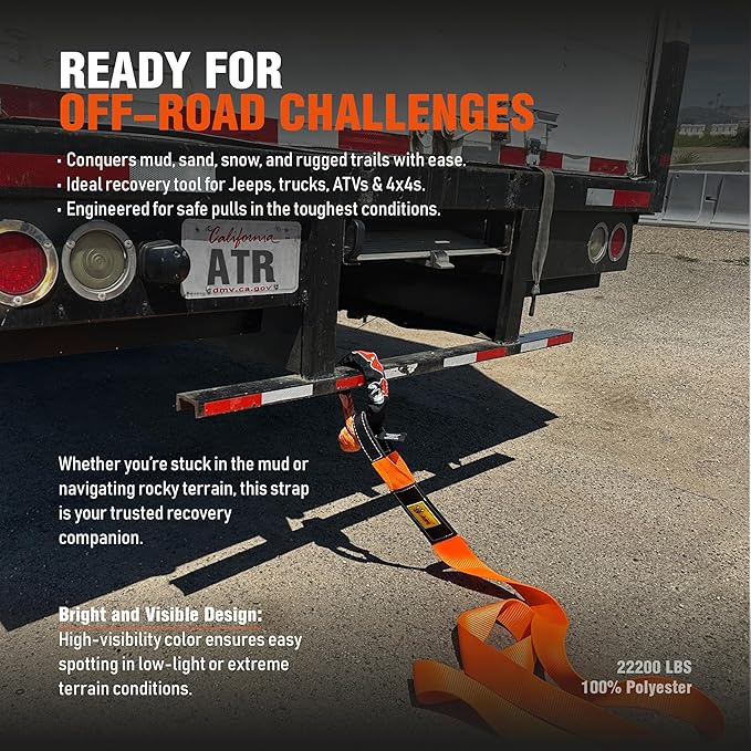 ATR Recovery Tow Strap 3" x 20ft – 22,200 lbs Breaking Strength, Heavy Duty Snatch Strap for Truck, SUV, Off-Road Pulling, Tow Rope with Storage Bag