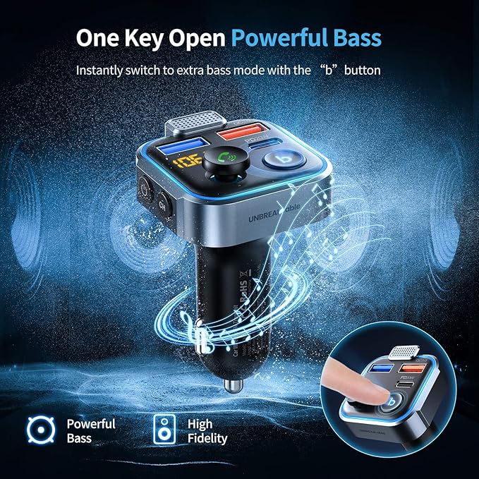 UNBREAKcable Bluetooth 5.3 FM Transmitter for Car, [PD 20W + QC 3.0] [Stronger Microphone & HiFi Bass Sound] Cigarette Lighter Radio Music Adapter Charger, Supports Hands-Free Siri Google Assistant