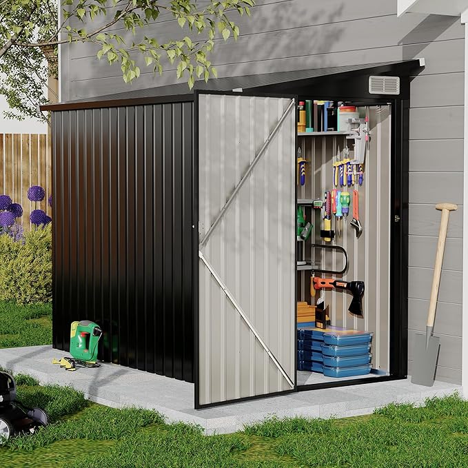4×8 FT Lean to Storage Shed, Heavy-Duty Outdoor Metal Storage Shed, Garden Tool Metal StorageHouse W/Lockable Door and 2 Air Vents