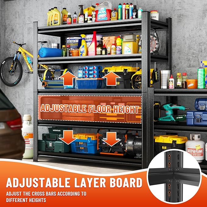 5-Tier Heavy Duty Metal Shelving Unit, 2500LBS Capacity Garage Storage Shelf, Industrial Adjustable Storage Rack for Warehouse, Basement, Commercial & Home Use (77" H x 35.4" W x 15.7" D,Black)