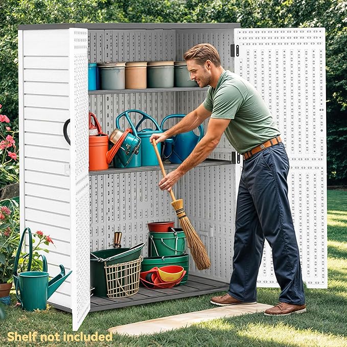 DWVO 59 Cu. Ft. Vertical Storage Shed, Weatherproof Outdoor Tall Cabinet with Double-Wall Panels and Floor, Lockable Resin Shed for Garden, Garage, Patio, Light Gray (Shelves Not Included)