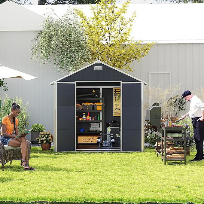 MyVoice 8x8 FT Outdoor Resin Storage Shed with HD Window, Rustproof Waterproof Garden Tool Shed, 12mm Thickened PP Panels, Large Capacity Outdoor Utility House for Backyard Patio (with Floor)