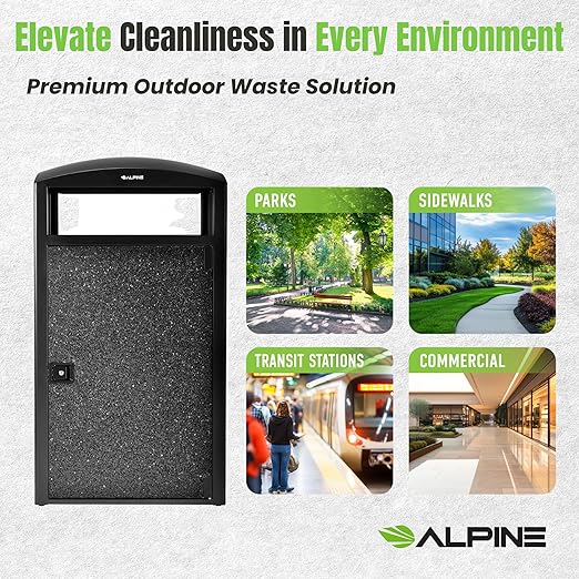 Alpine Outdoor Commercial Trash Can with Lid - 55 Gallon Heavy Duty Steel Garbage Can with Removable Bin, Locking Door for a Modern Look in Park, Mall & High Traffic Areas - Black, Grey Stone Panels