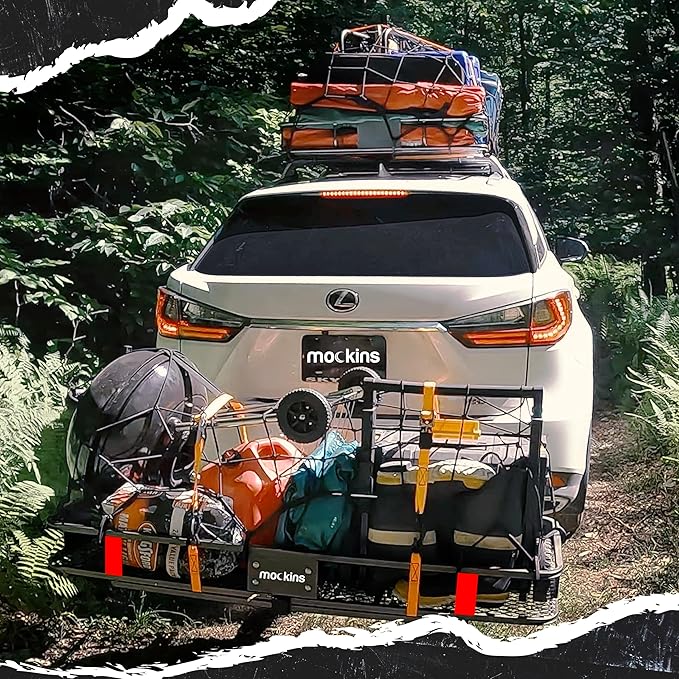 Mockins 60"x20"x6" Trailer Hitch Cargo Carrier | Weatherproof Steel Folding Luggage Rack for Car, SUV & Truck w/ 500 lbs. Capacity | 2" Receiver Hitch Rack Luggage Carrier & Cargo Trailer Accessories